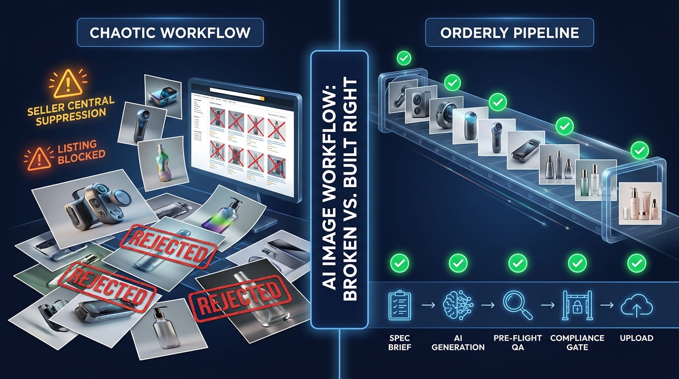 Split-screen showing chaotic rejected AI image workflow versus clean compliant pipeline with green checkmarks at every stage