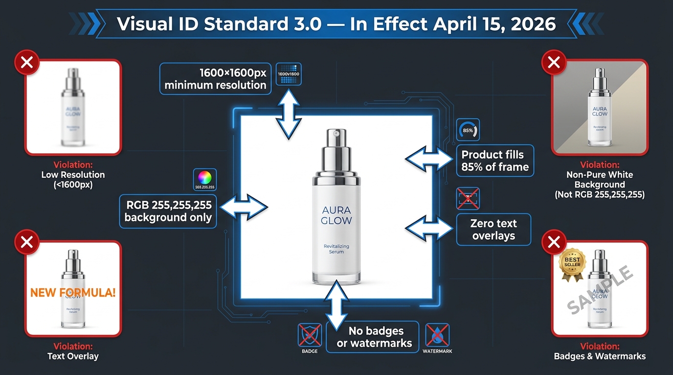 Amazon Visual ID Standard 3.0 technical requirements diagram showing 1600px resolution, RGB 255,255,255 background, and 85% product fill rules