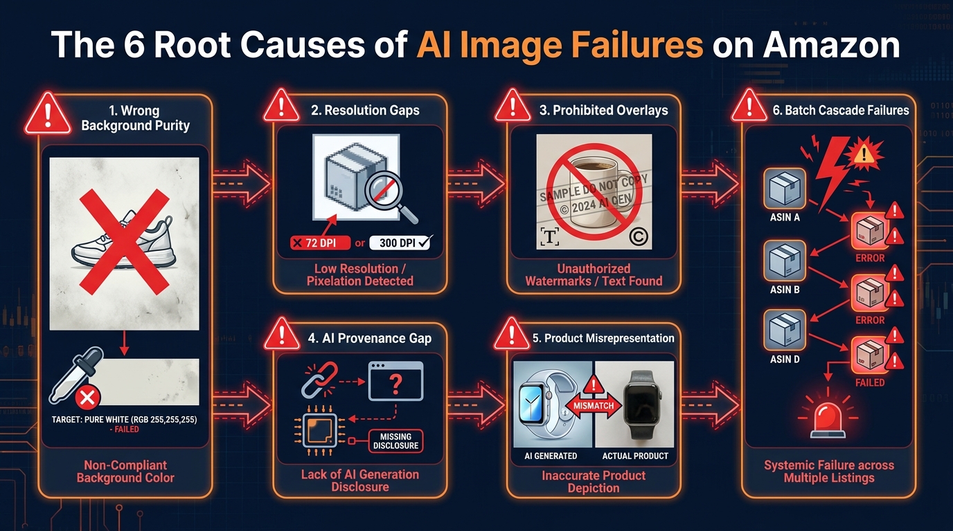 Six root causes of AI image failures on Amazon shown as labeled workflow failure nodes — background purity, resolution gaps, overlays, provenance, misrepresentation, and batch cascade