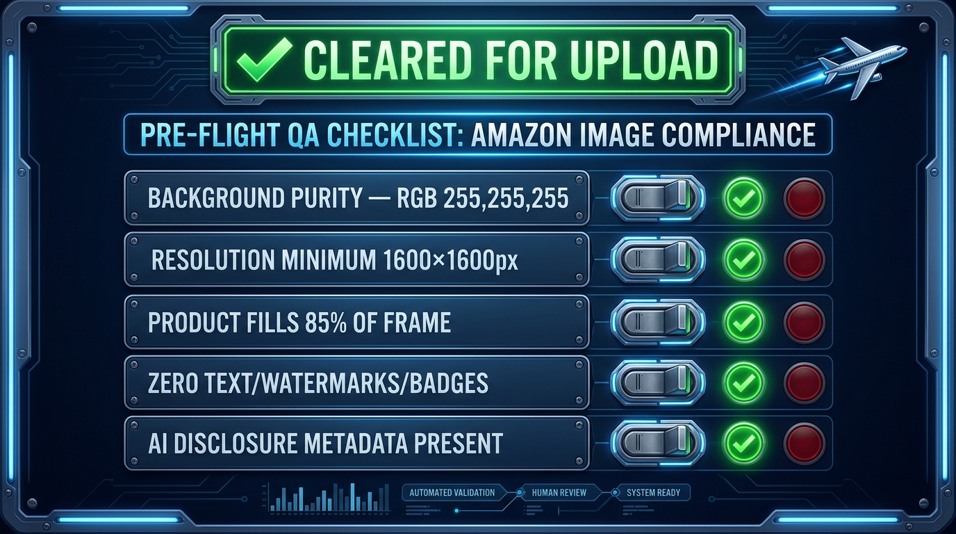 Pre-flight compliance checklist board with five green indicator lights showing background purity, resolution, product fill, no overlays, and AI disclosure all cleared for upload