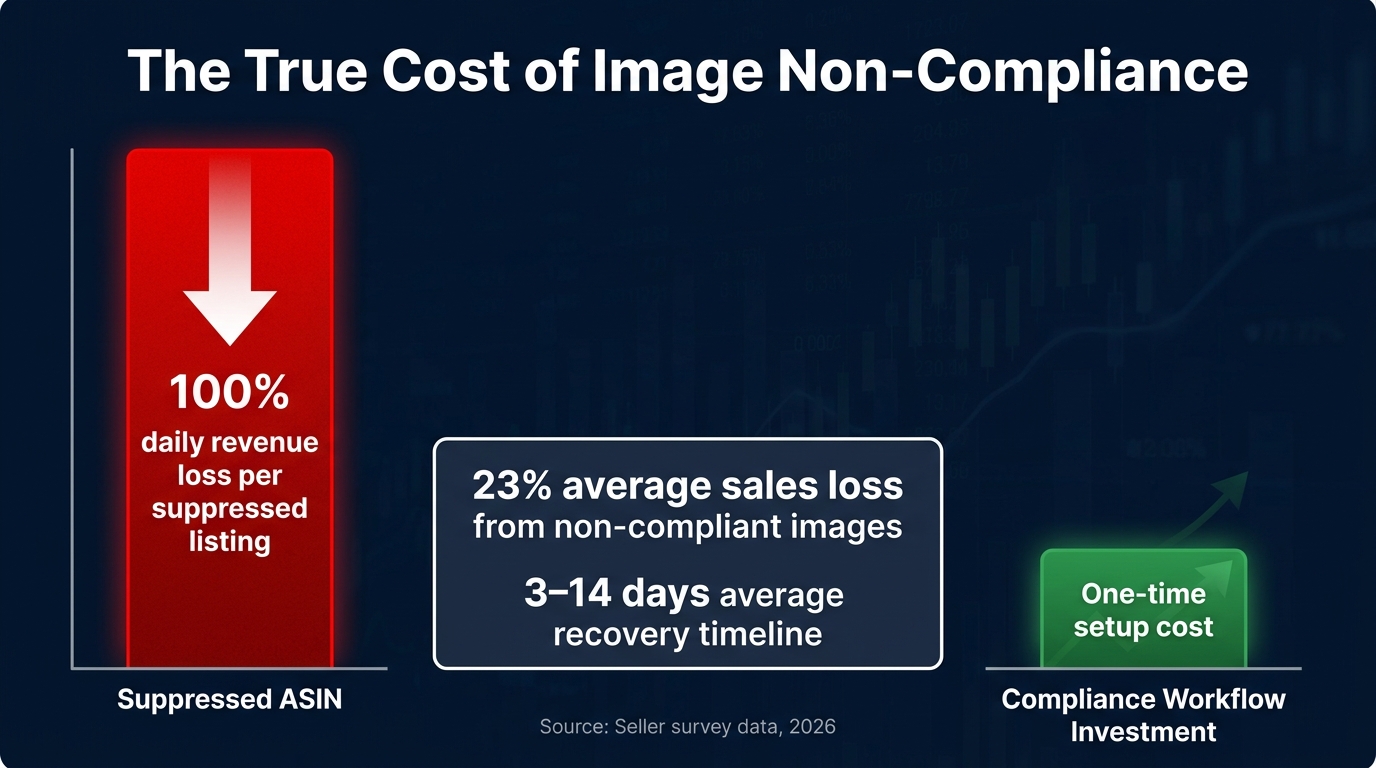 Cost vs risk bar chart showing suppressed ASIN revenue loss versus compliance workflow investment with 23% average sales loss statistic highlighted