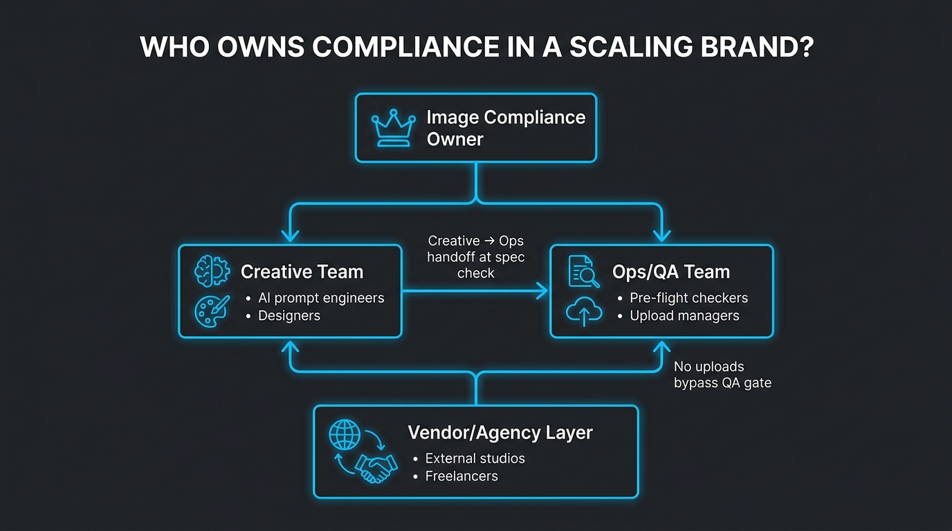 Organizational chart showing compliance-first image team structure with Image Compliance Owner at top, Creative and Ops teams in middle, and Vendor Layer at bottom