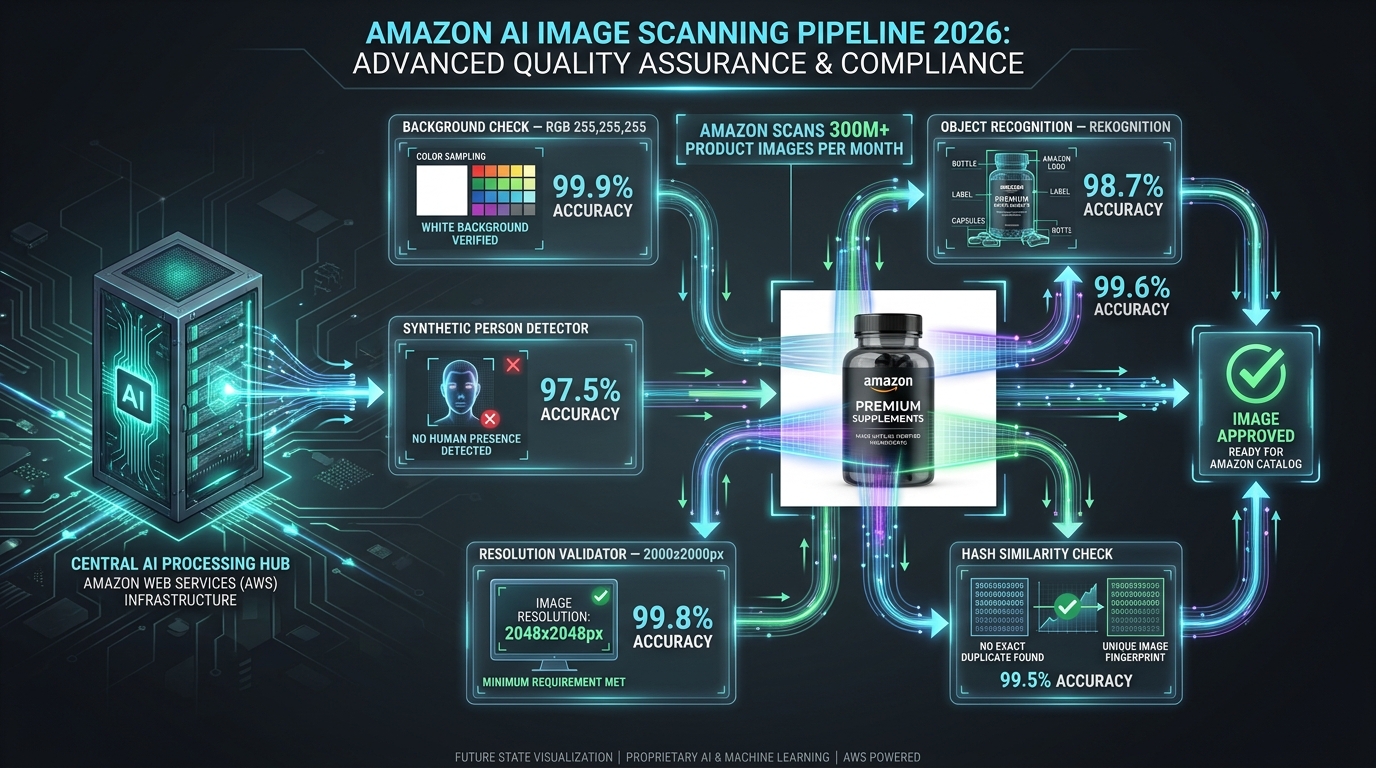 Amazon AI image scanning pipeline 2026 — Rekognition detection modules, background check, synthetic person detector, resolution validator