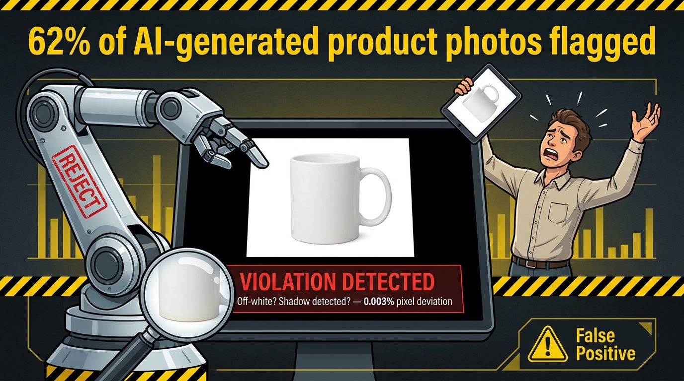 Amazon AI image compliance false positive problem — robot stamping compliant product image with violation detected, 62% of AI-generated photos flagged stat