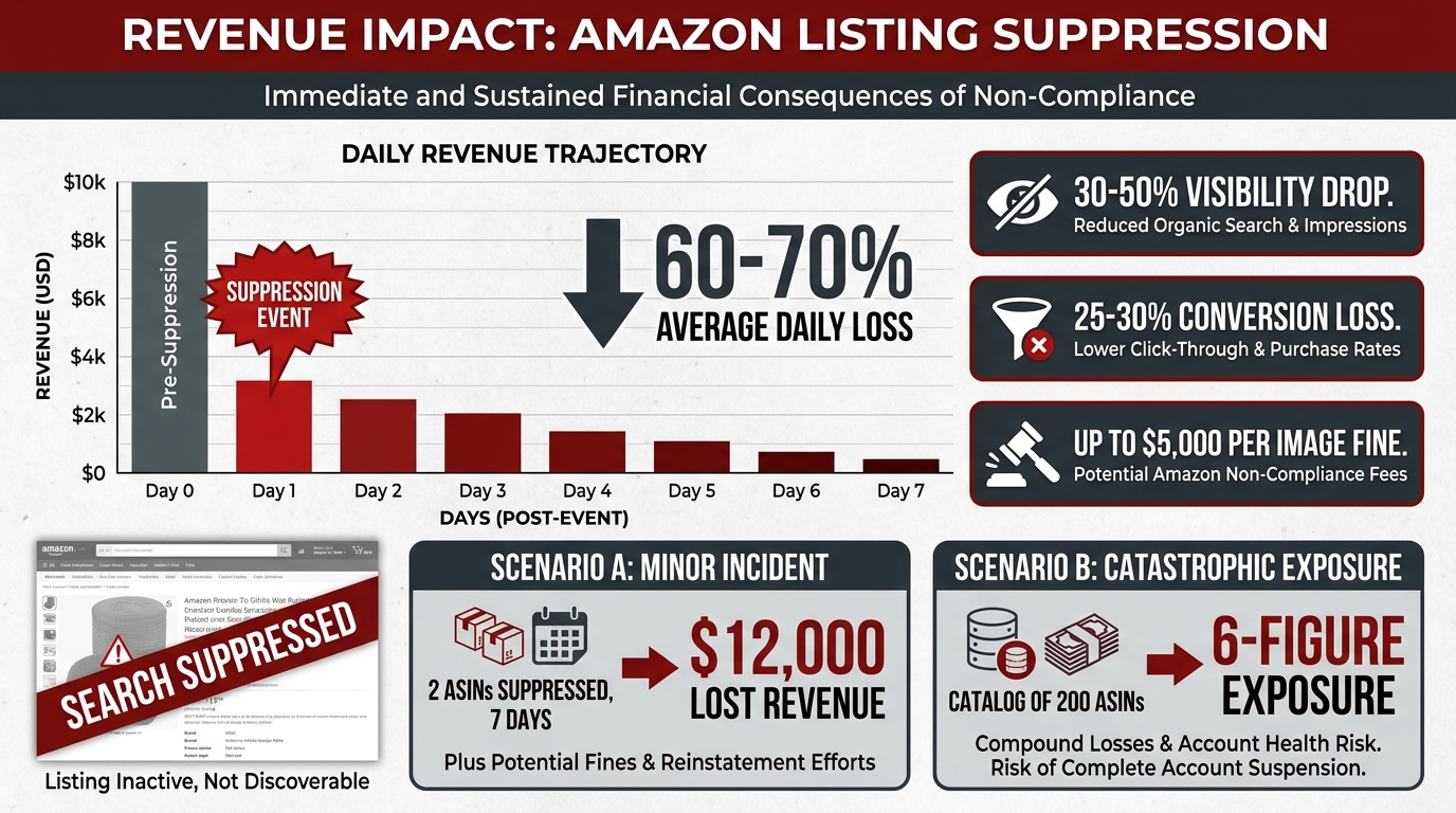 Amazon listing suppression revenue impact 2026 — daily revenue chart dropping post-suppression, 30-50% visibility drop, 25-30% conversion loss, up to $5,000 per image fine