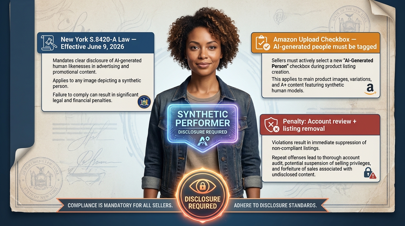 Amazon AI-generated image disclosure requirements 2026 — synthetic performer disclosure badge, New York S.8420-A law, Amazon upload checkbox requirement