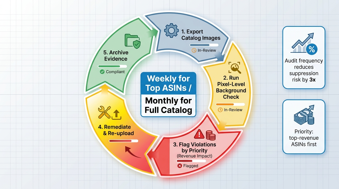 Proactive Amazon image compliance audit workflow 2026 — five-step circular process from catalog export through remediation and evidence archiving