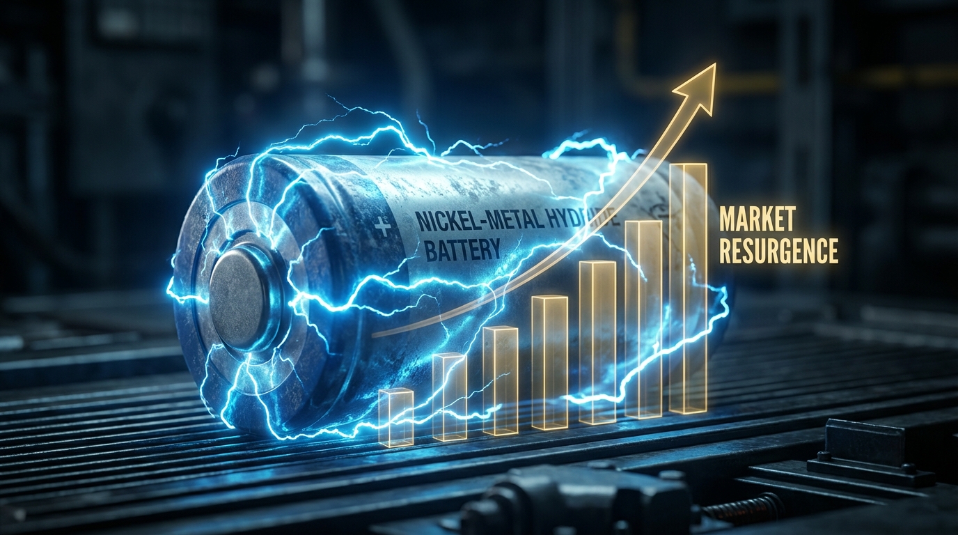 NiMH battery pack glowing with electric blue energy, representing the market resurgence story with growth chart overlays