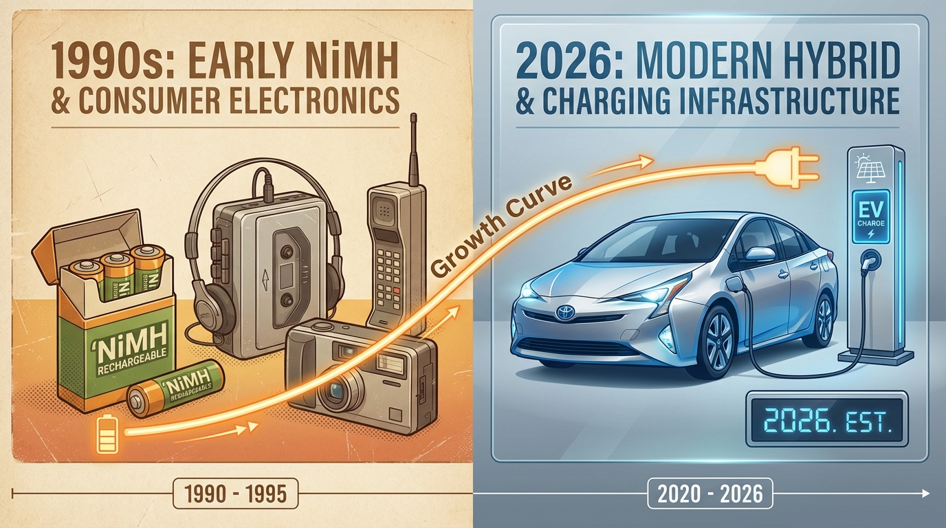 Timeline from 1990 to 2026 showing NiMH battery evolution from consumer electronics to Toyota Prius hybrid vehicles