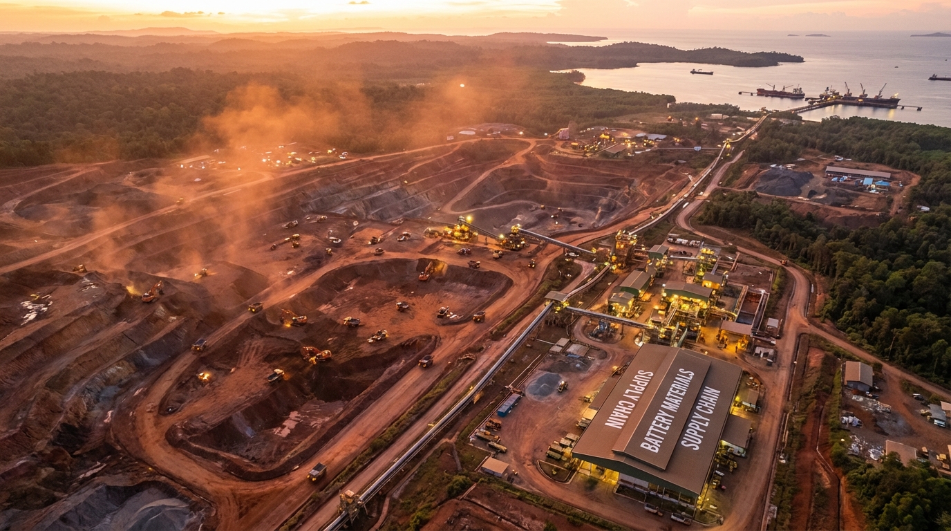 Aerial view of large nickel mining operation in Indonesia at dusk, representing raw material supply chain for NiMH battery manufacturing