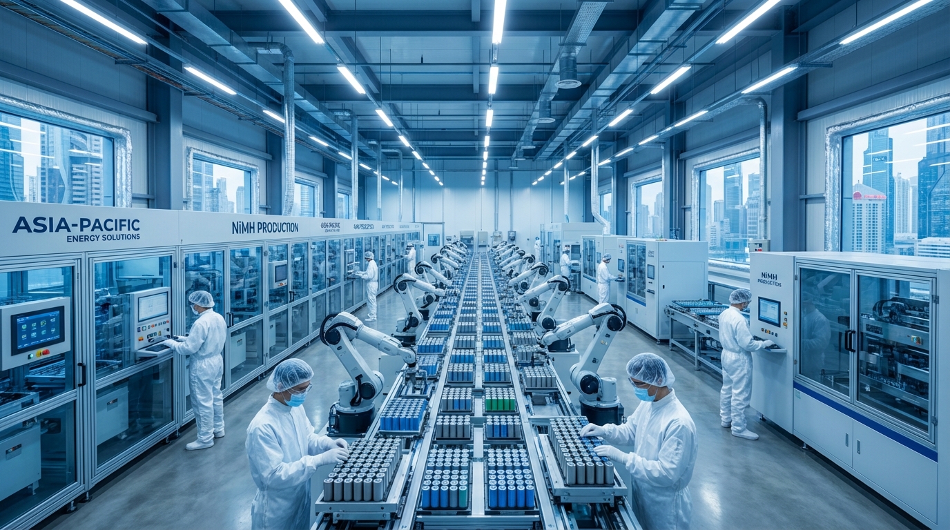Modern NiMH battery manufacturing facility in Asia-Pacific with automated assembly lines and robotic arms