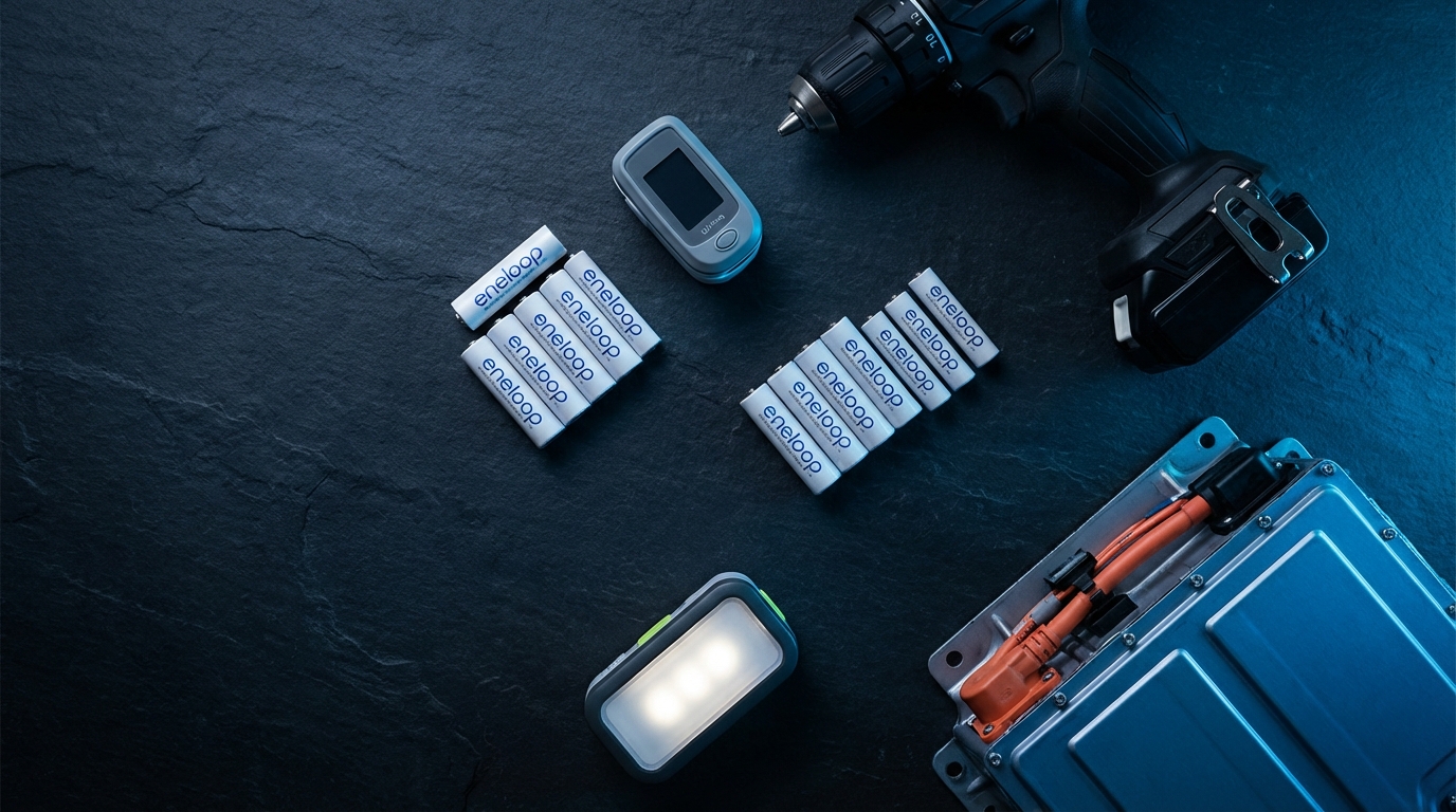 Various NiMH battery applications including AA batteries, medical devices, power tools, emergency lighting, and hybrid car battery modules