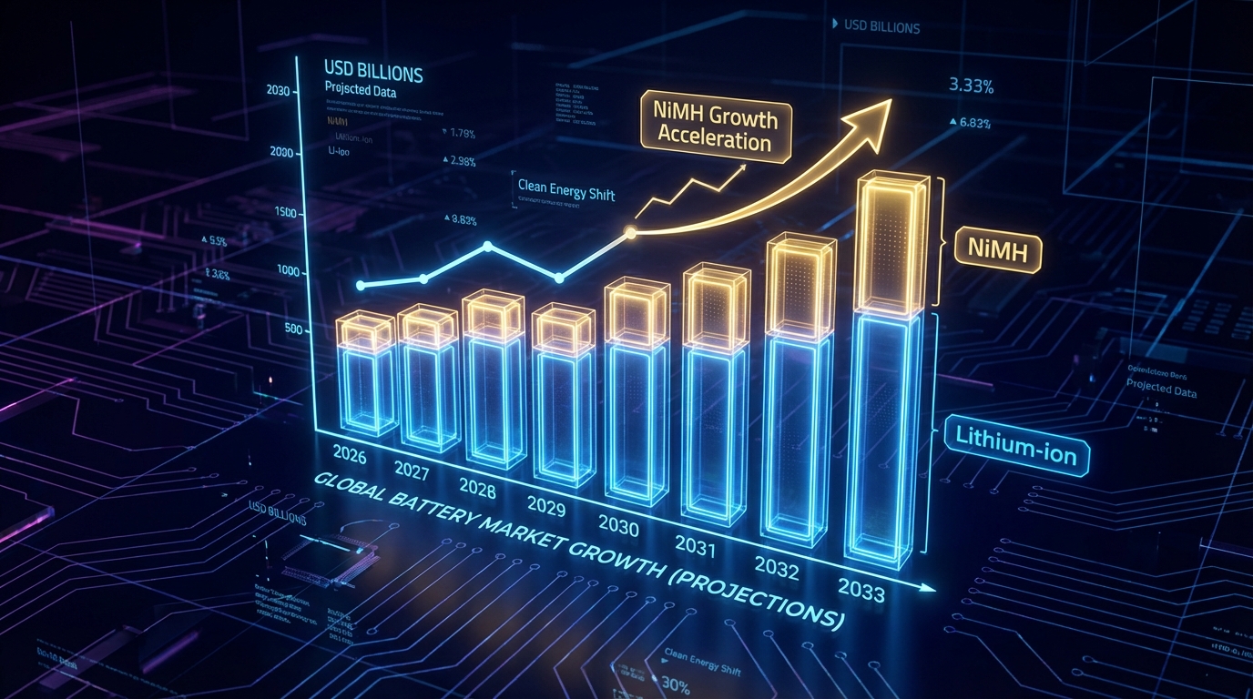 Data visualization showing NiMH battery market growth projections from 2026 to 2033 with financial charts and battery market comparison data