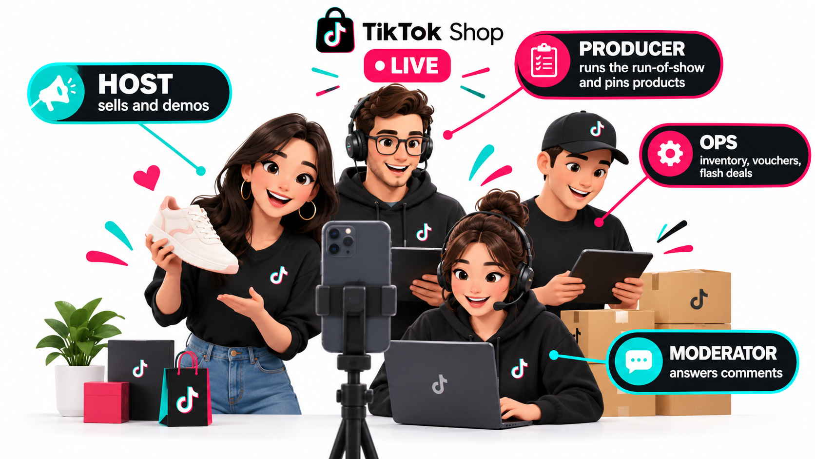 Infographic of the four TikTok Shop LIVE crew roles: host, producer, moderator, and operations