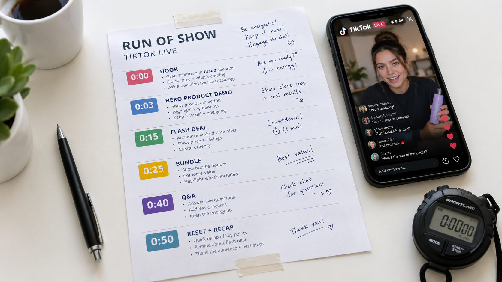 A printed TikTok LIVE run-of-show sheet with timed segments for hook, hero demo, flash deal, bundle, Q&A, and reset