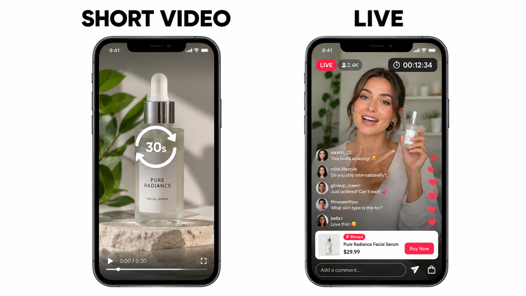 Side-by-side comparison of short video selling with a looping product clip versus LIVE selling with comments, pinned product card, and countdown timer