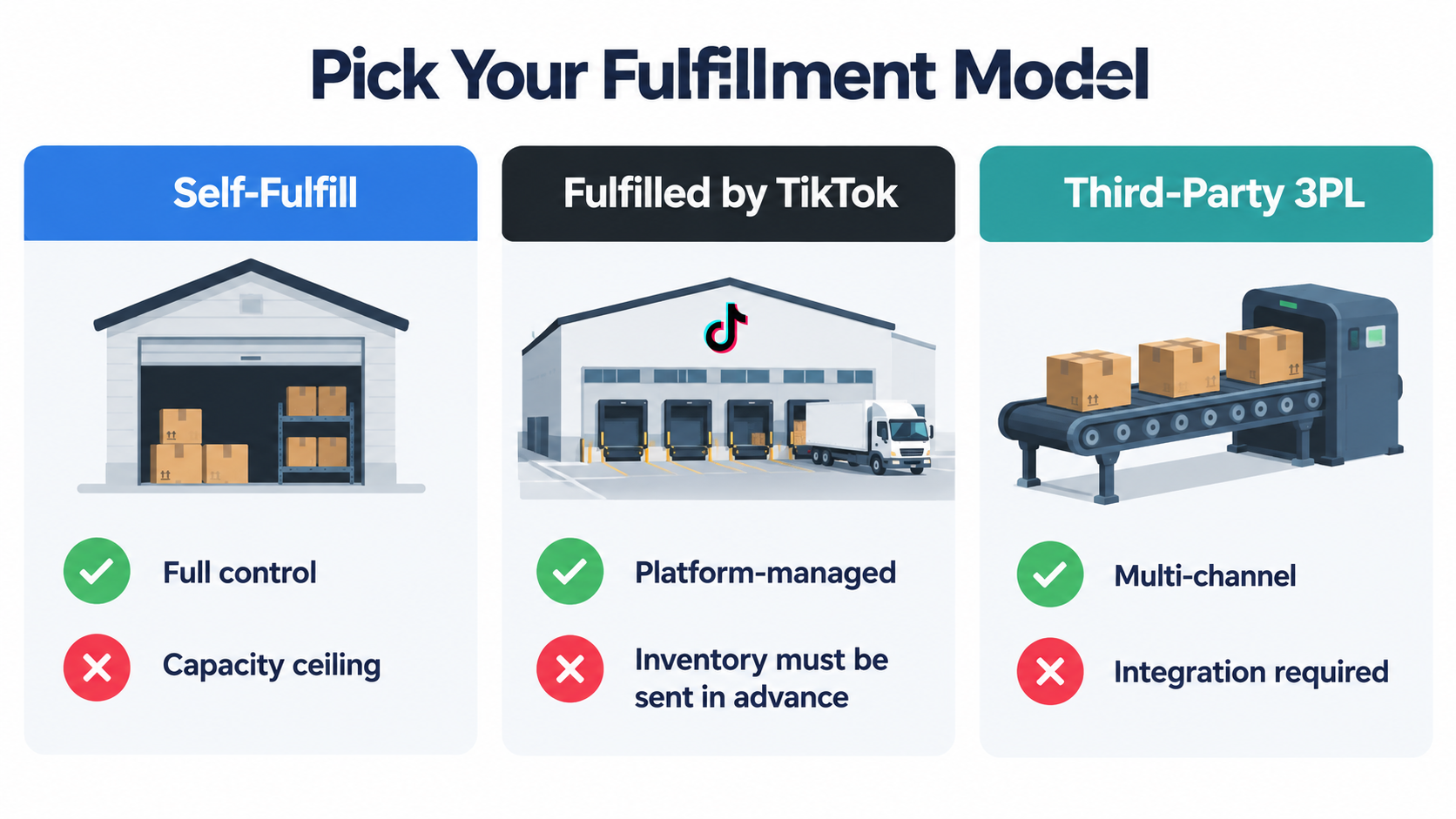 Comparison of three TikTok Shop fulfillment models: self-fulfill, Fulfilled by TikTok, and third-party 3PL