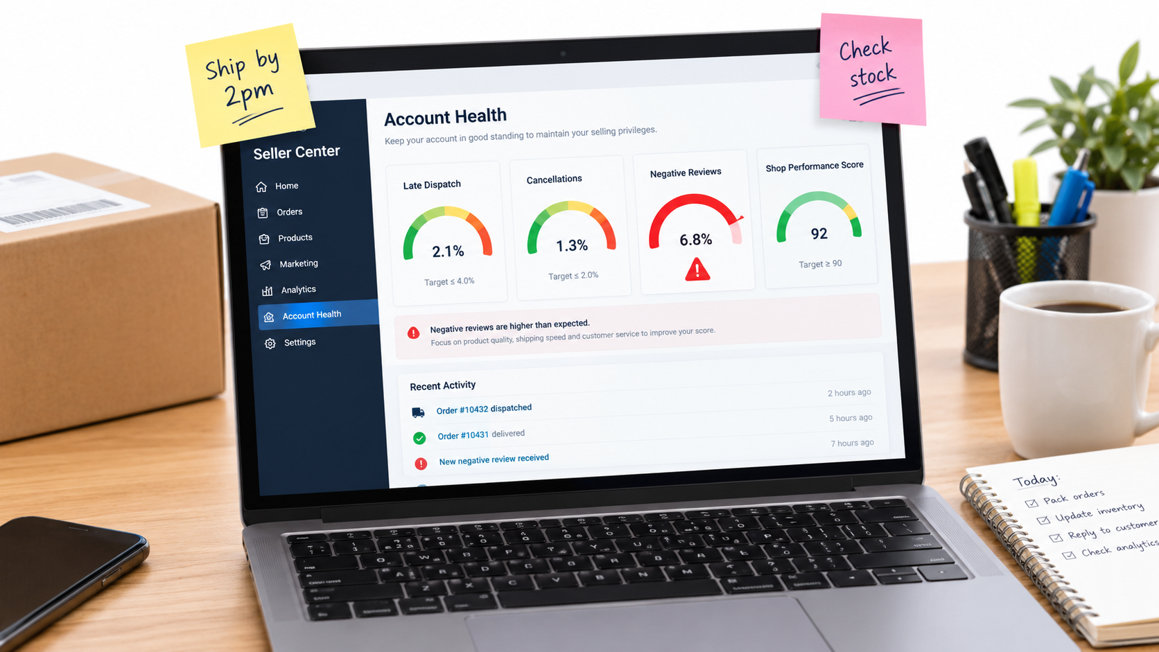 Seller laptop showing account health gauges for late dispatch, cancellations, negative reviews and Shop Performance Score, with one gauge in the red