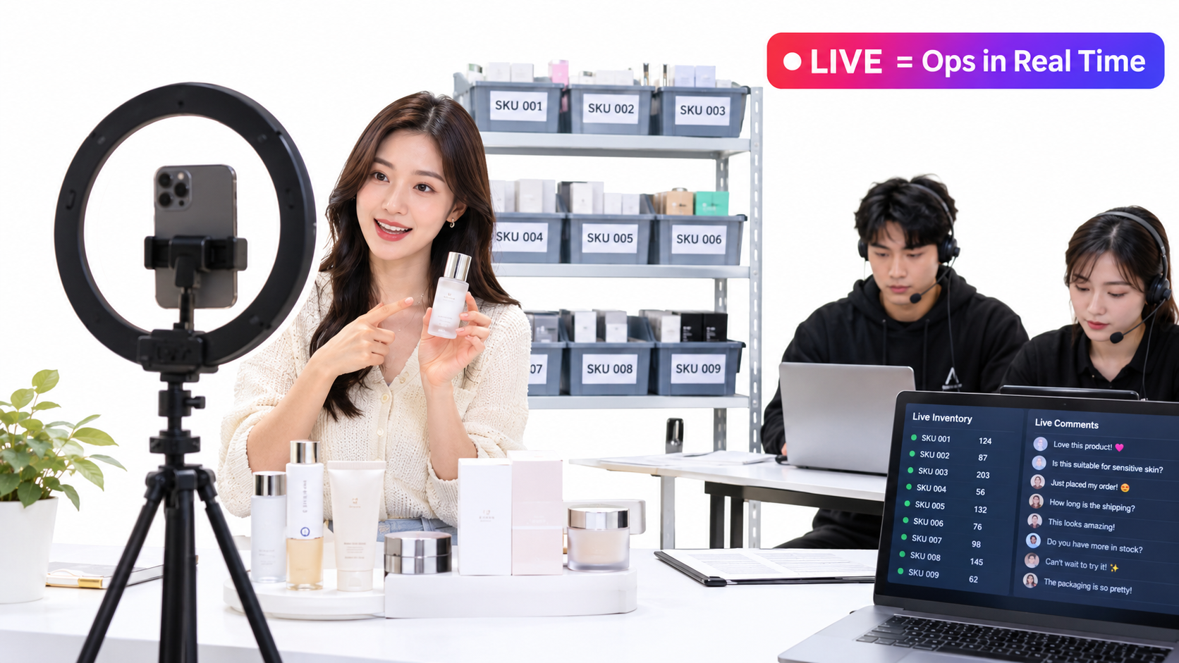 Live shopping studio with a host presenting skincare to a phone camera while teammates monitor inventory counts and viewer comments