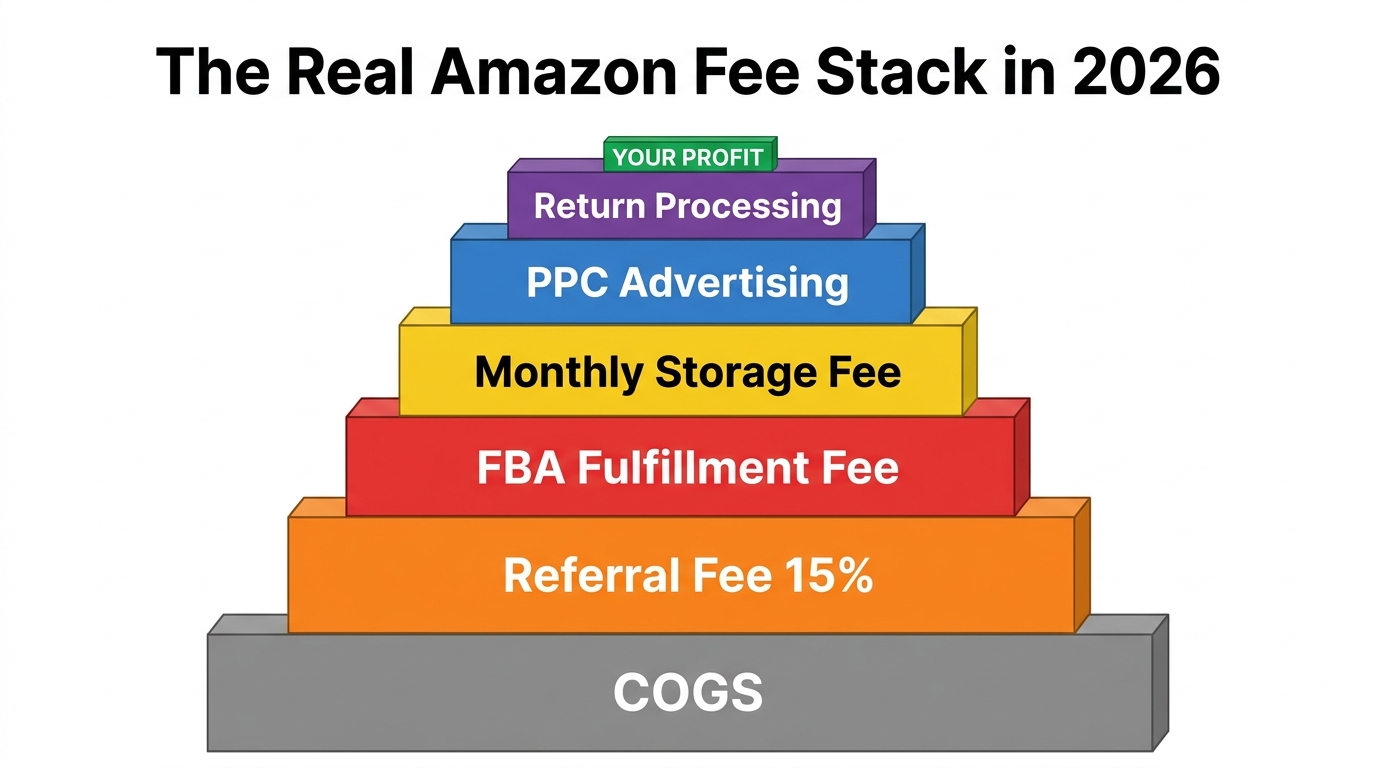 The real Amazon fee stack in 2026 — stacked cost blocks showing referral fees, FBA fees, storage, PPC, and returns eating into profit