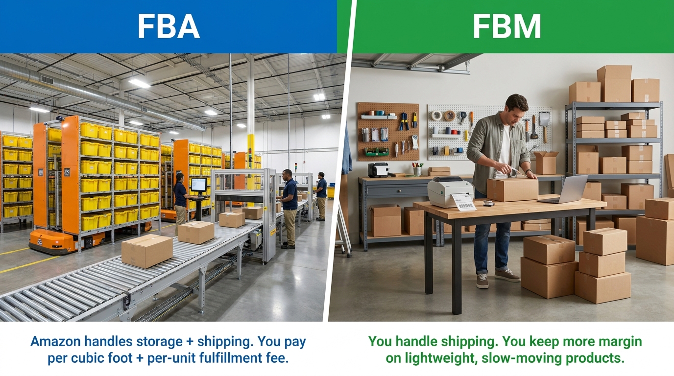 FBA vs FBM comparison — Amazon warehouse fulfillment versus home garage shipping, showing the real tradeoffs in cost and control for sellers in 2026