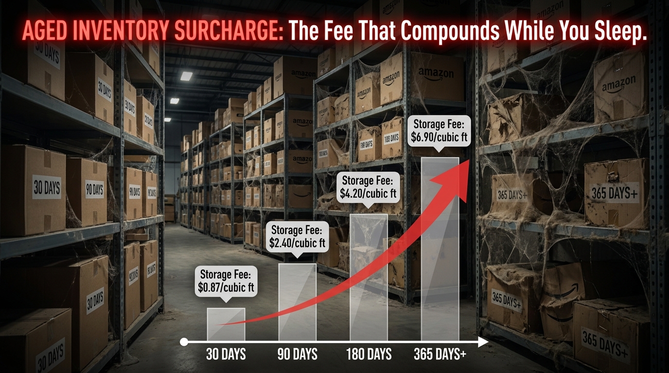 Aged inventory in Amazon FBA warehouse — dusty boxes showing how storage fees compound over 30, 90, 180, and 365+ days, quietly destroying seller margins