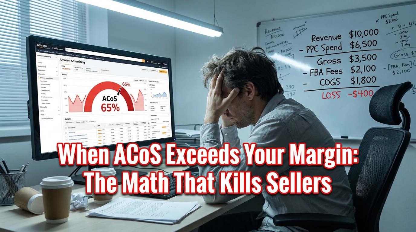 Amazon PPC ACoS exceeding margin — a seller's whiteboard shows the equation where advertising cost of sale at 65% leads to a net loss of $400 on $10,000 in revenue