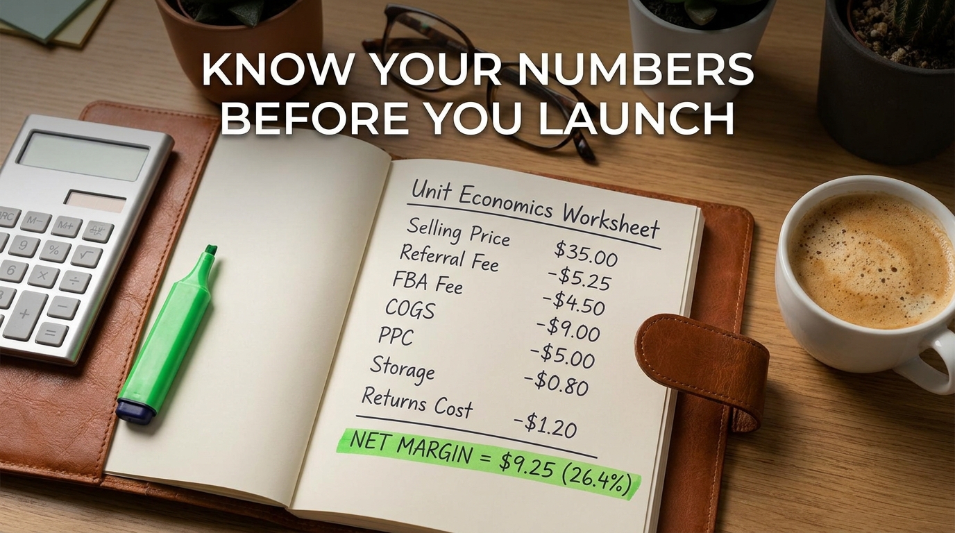 Amazon seller unit economics worksheet showing selling price, all fees, COGS, PPC, storage, and returns to calculate true net margin — the foundation of profitable Amazon selling