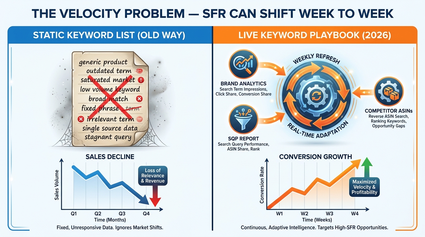 Split infographic comparing static keyword lists vs live keyword playbooks showing SFR velocity and weekly refresh cadence