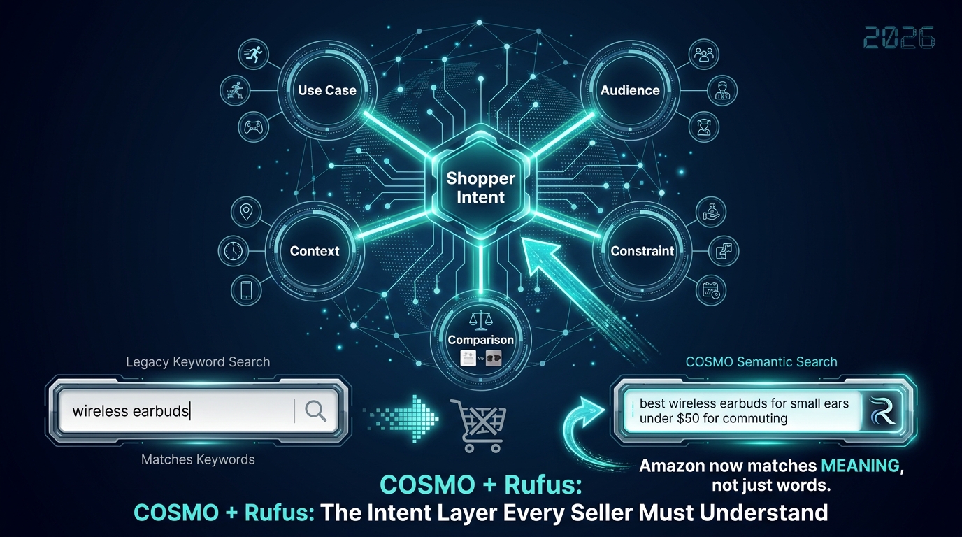 COSMO semantic search knowledge graph diagram showing how Amazon Rufus matches shopper intent using use case, audience, context and constraint nodes