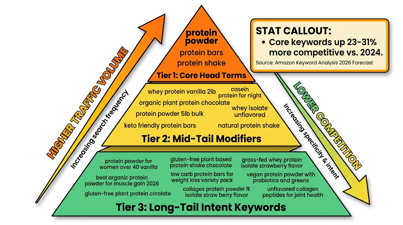 Three-tier pyramid diagram showing Amazon keyword architecture with core head terms, mid-tail modifiers, and long-tail intent keywords for 2026