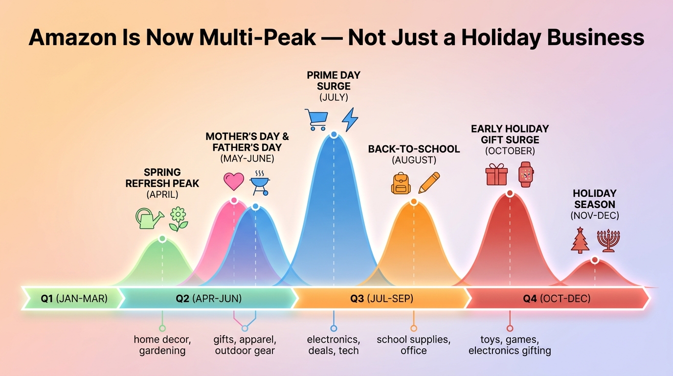 Amazon seasonality calendar infographic for 2026 showing multi-peak demand patterns with spring refresh, Prime Day, back to school and holiday gift surge peaks