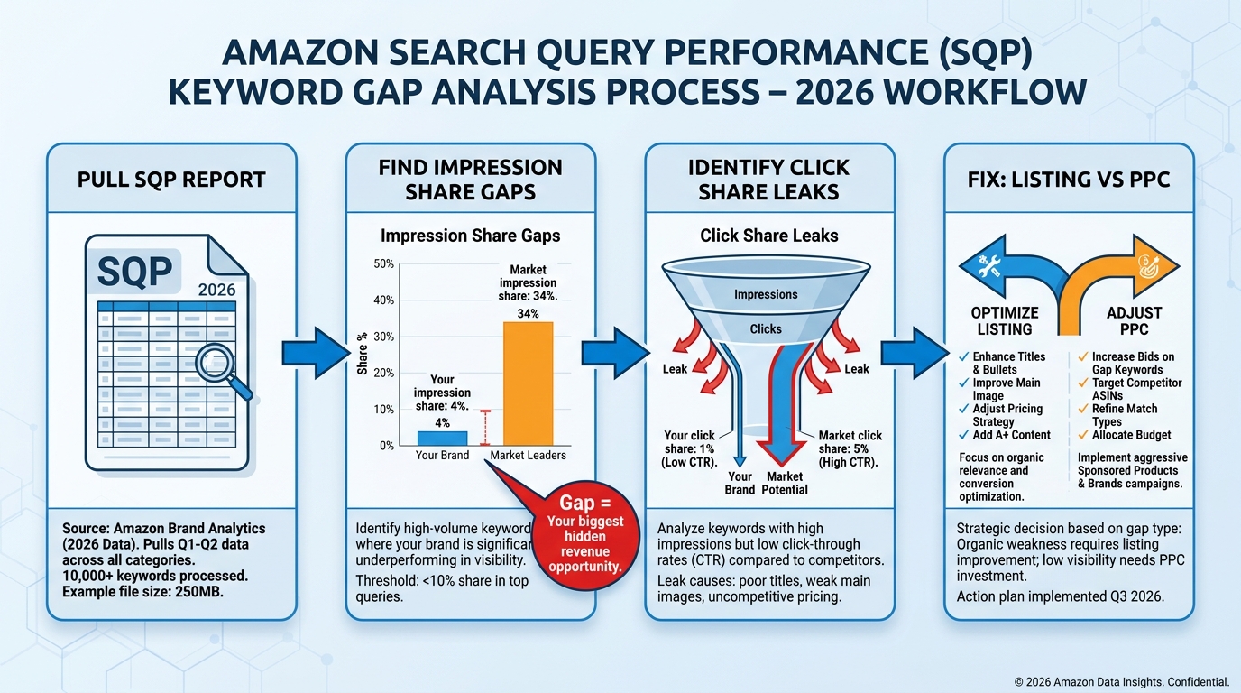 Amazon Search Query Performance SQP keyword gap analysis workflow showing impression share gaps, click share leaks and fix decision process