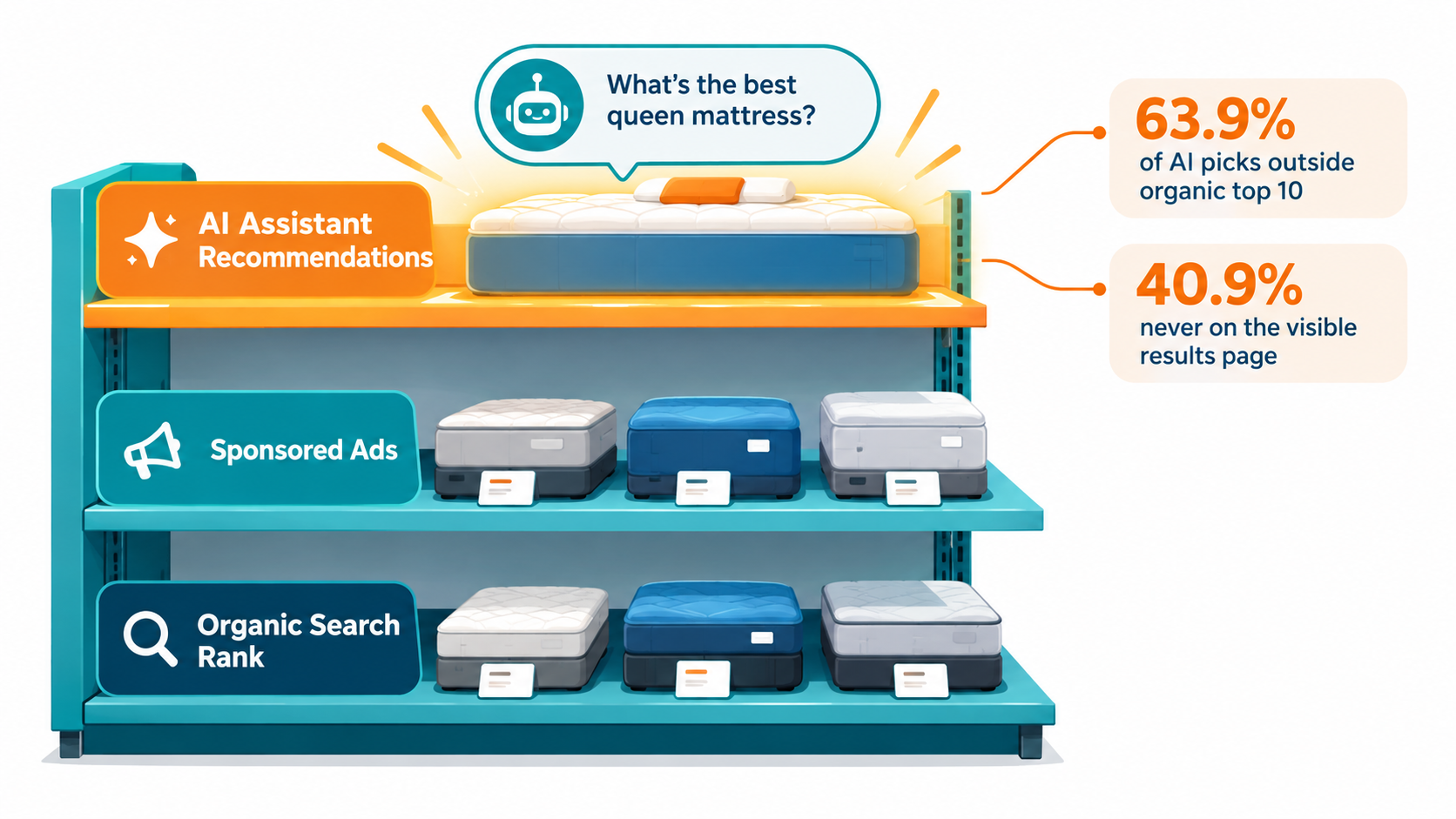 Illustration of three retail shelves labeled organic search rank, sponsored ads, and AI assistant recommendations, with stats showing 63.9% of AI picks fall outside the organic top 10