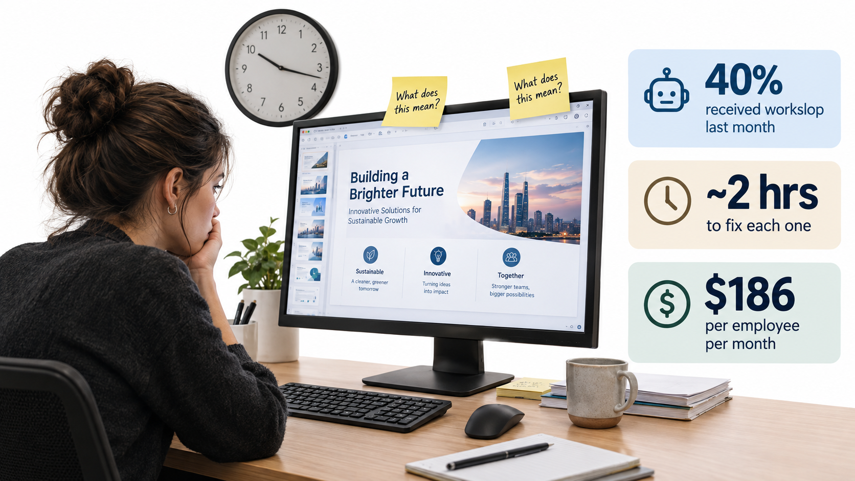 Employee frustrated by hollow AI-generated work, with callouts showing 40% received workslop, about 2 hours to fix each one, and $186 per employee per month