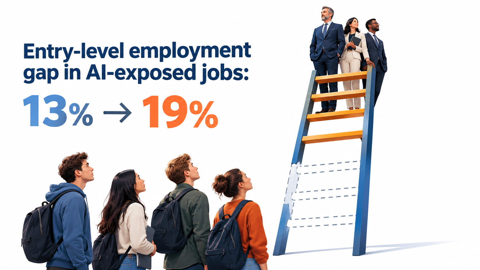 Career ladder with missing bottom rungs, showing the entry-level employment gap in AI-exposed jobs widening from 13% to 19%