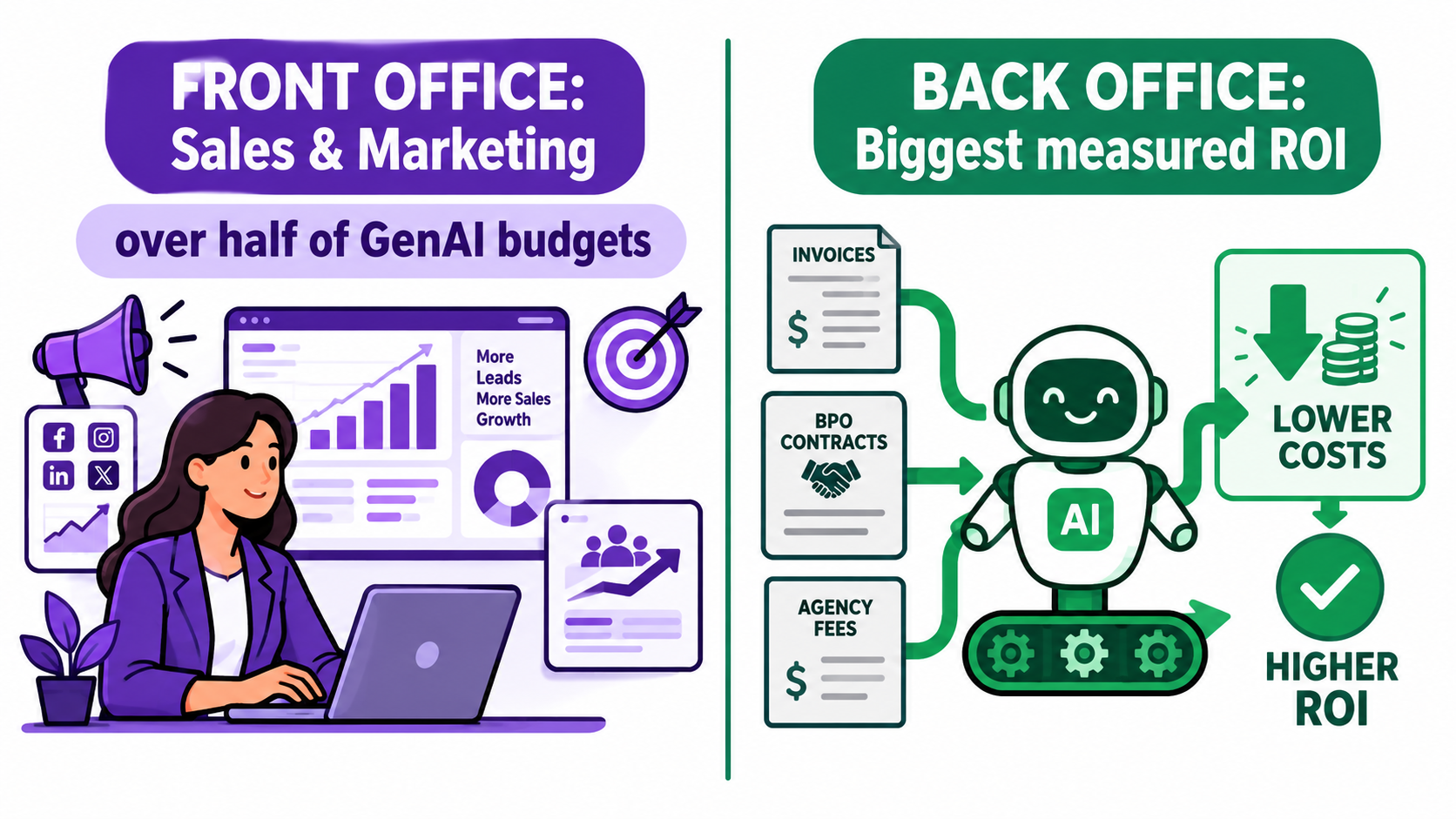 Split comparison: front office sales and marketing receive over half of GenAI budgets, while back office automation shows the biggest measured ROI