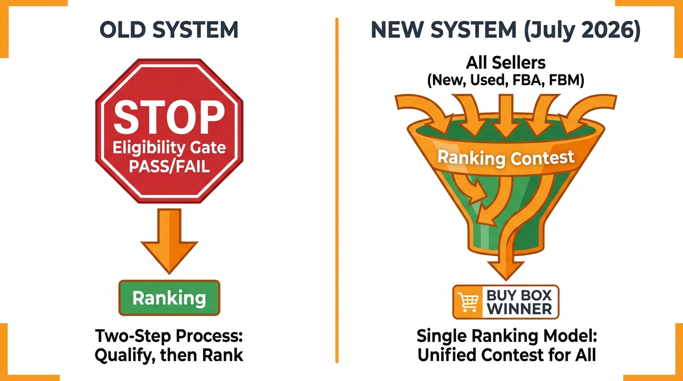 Old Amazon Buy Box two-step eligibility gate vs new single unified ranking model diagram