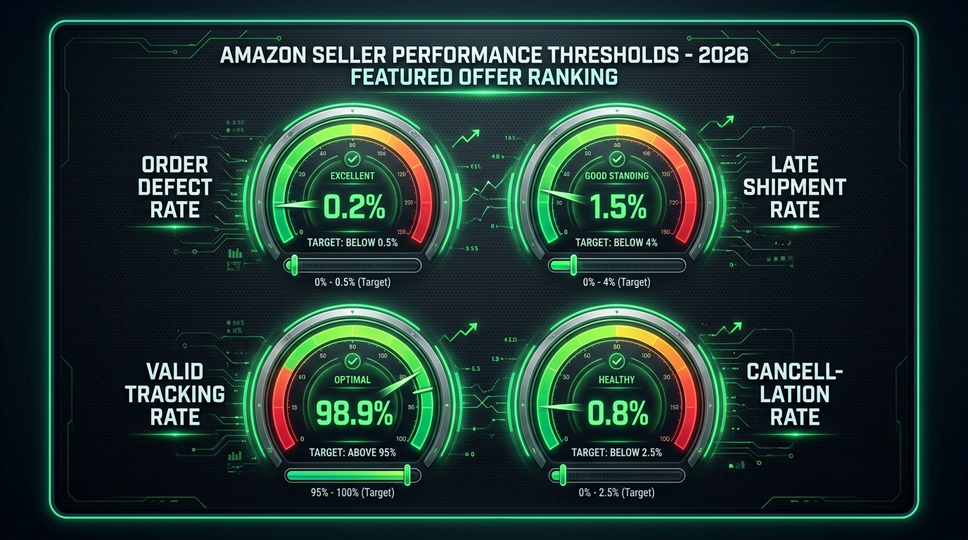 Amazon seller performance metric thresholds dashboard for 2026 Featured Offer ranking — ODR, LSR, VTR, Cancellation Rate gauges