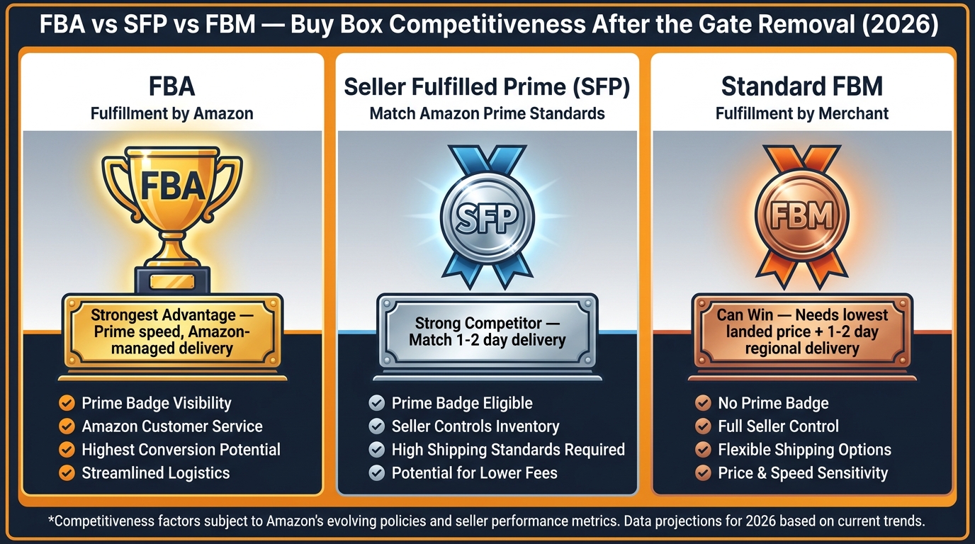 FBA vs Seller Fulfilled Prime vs Standard FBM buy box competitiveness comparison after 2026 eligibility gate removal