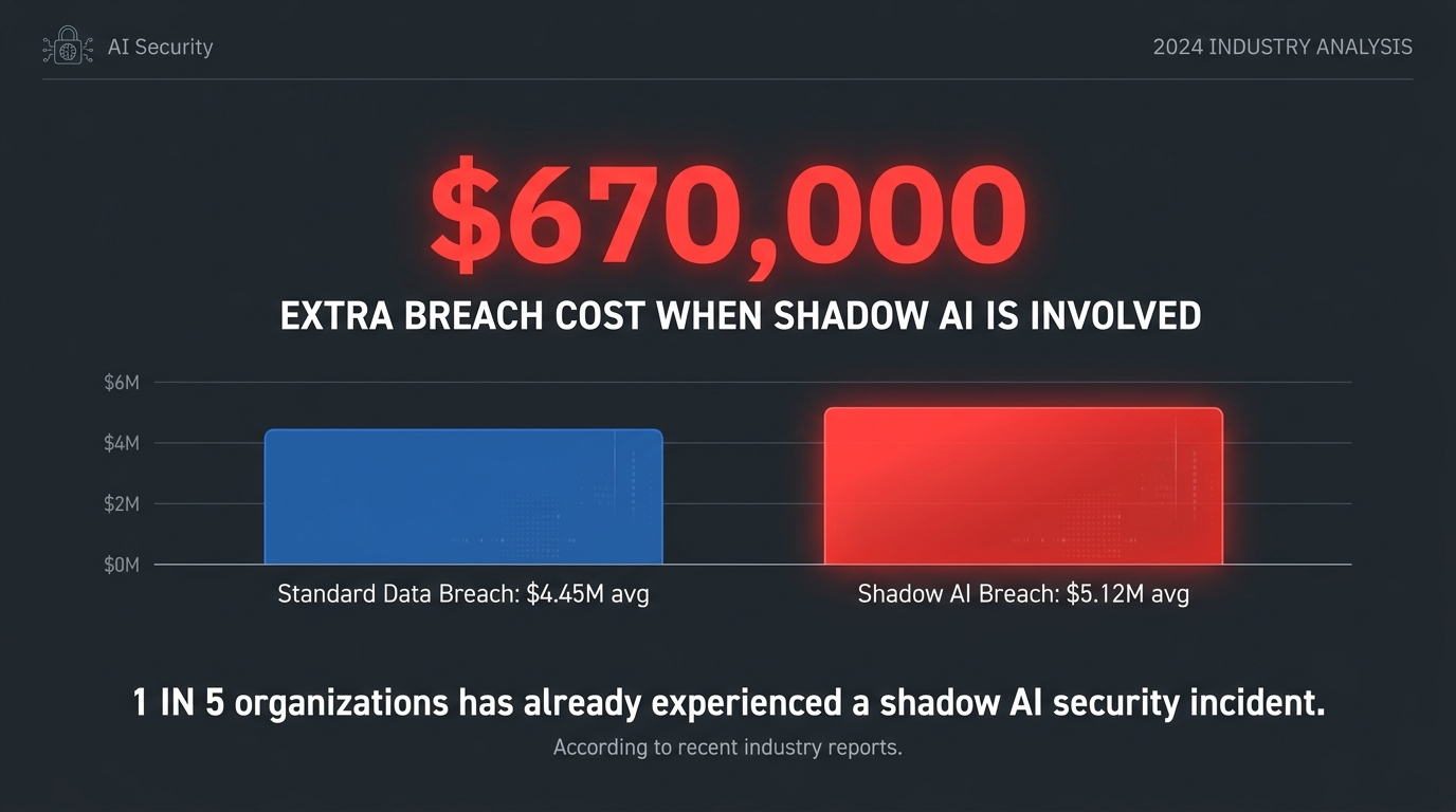 Infographic showing $670,000 extra breach cost when shadow AI is involved and the 1-in-5 statistic for shadow AI security incidents