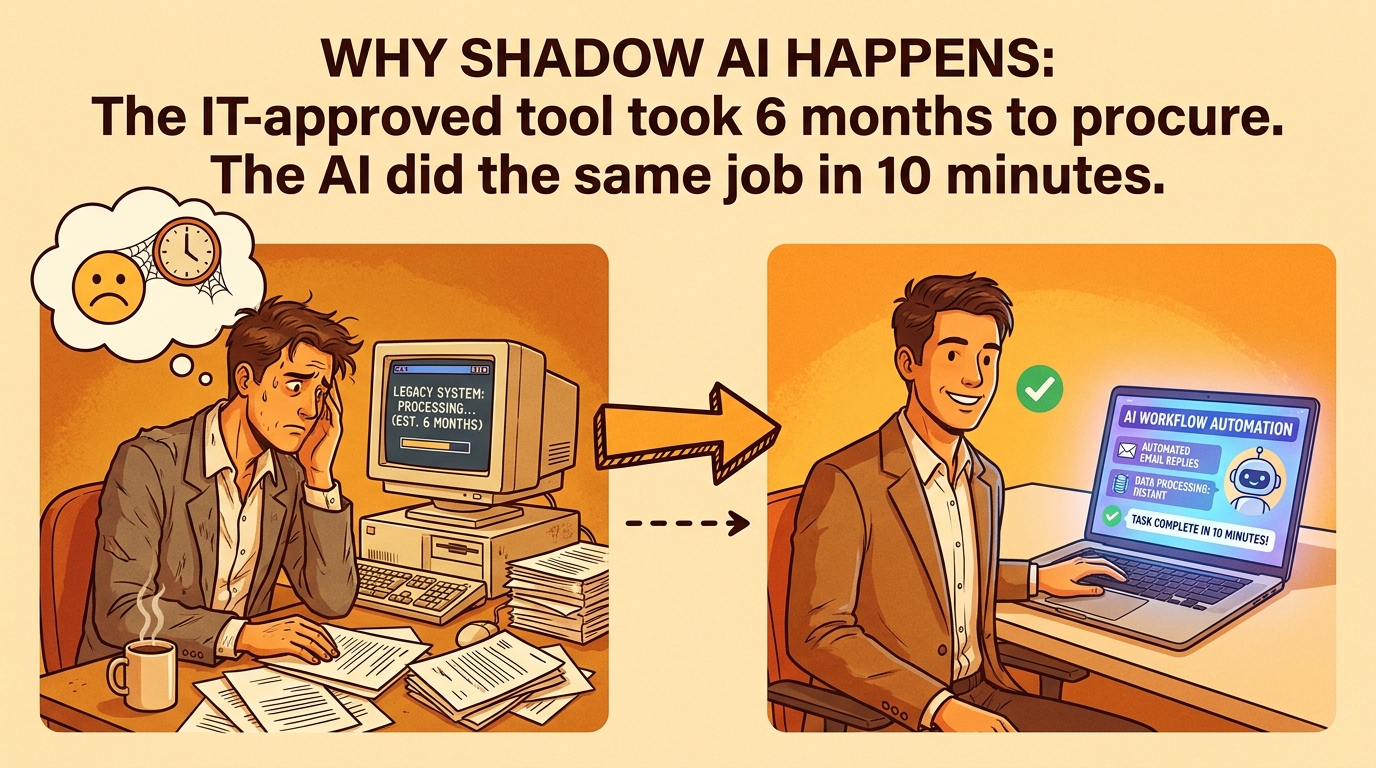 Illustration contrasting a frustrated employee using legacy tools with the same employee efficiently using AI automation tools