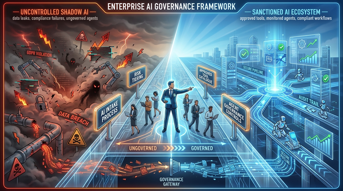 Bridge metaphor showing path from uncontrolled shadow AI environment to sanctioned AI ecosystem through governance signposts