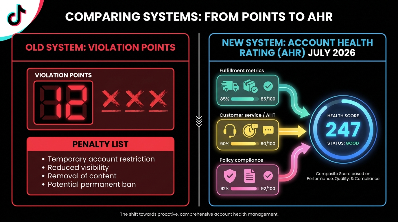 Side-by-side comparison of old TikTok Shop Violation Points system versus new Account Health Rating composite score with three input streams