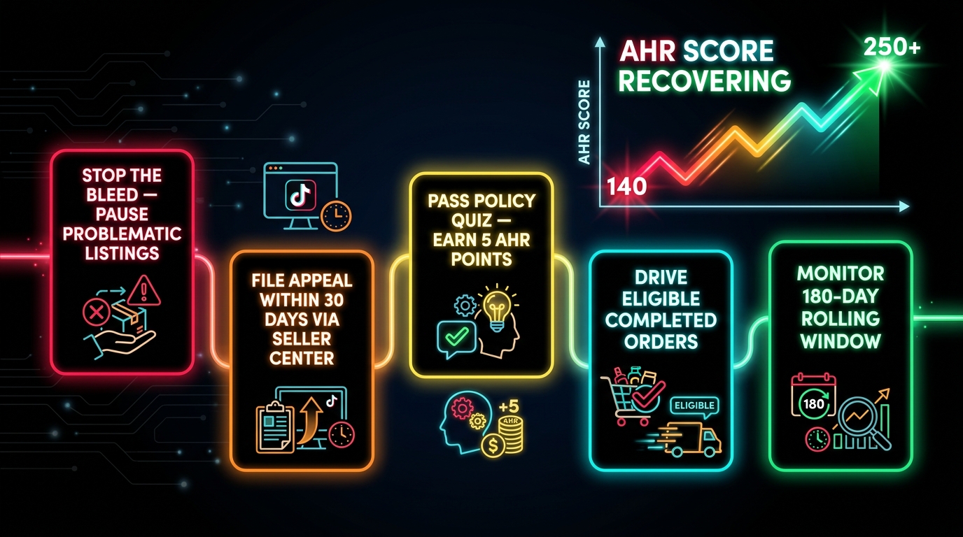 Five-step TikTok Shop AHR recovery roadmap timeline showing progression from stopping violations through appealing, passing policy quizzes, driving orders, and monitoring the 180-day window