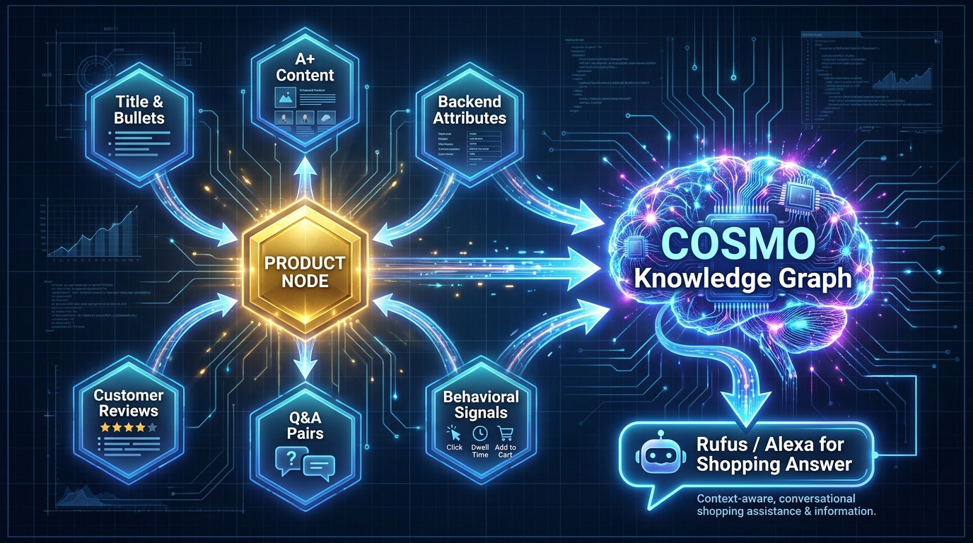 Diagram of Amazon's COSMO knowledge graph showing how product listings, reviews, Q&A, and behavioral signals feed into the AI layer powering Rufus and Alexa for Shopping