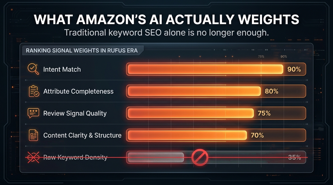 Bar chart infographic showing the five ranking signals that matter most in Amazon's Rufus/Alexa for Shopping era, with intent match and attribute completeness ranking highest