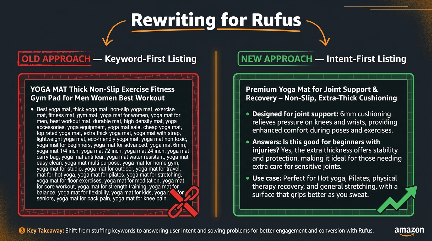 Side-by-side comparison of old keyword-stuffed Amazon listing versus new intent-first conversational listing optimized for Rufus and Alexa for Shopping