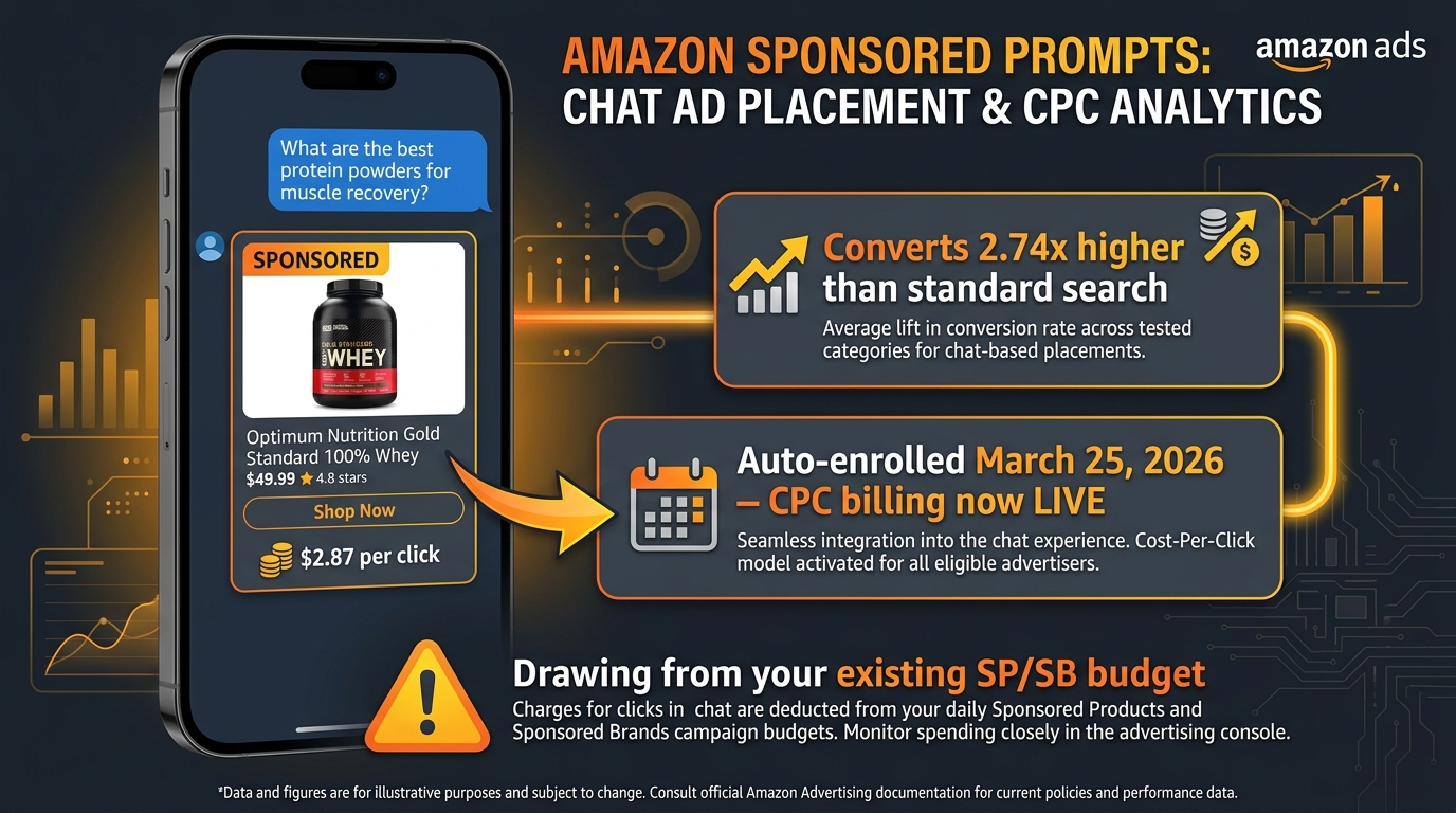 Amazon Sponsored Prompts ad placement in Rufus conversational interface showing CPC billing, auto-enrollment, and higher conversion rates versus standard search