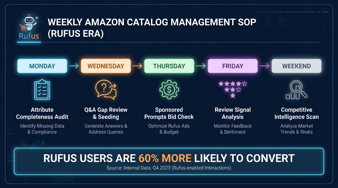 Weekly Amazon catalog management workflow for the Rufus era showing attribute audits, Q&A seeding, sponsored prompts bid review, and competitive intelligence tasks
